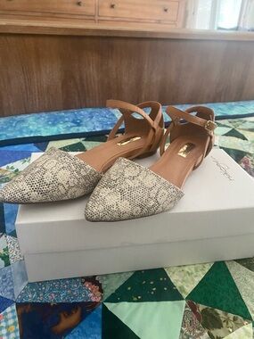 Halogen Two-Tone Pointed Toe Ankle Strap Flats in Snake Print and Tan